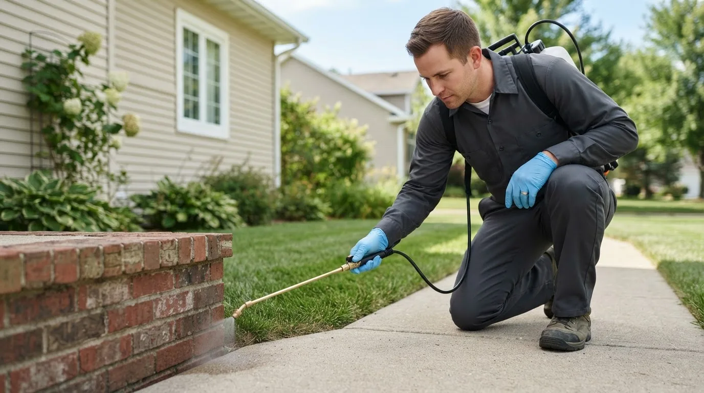 Pest control technician treating a home near Briggs, TX