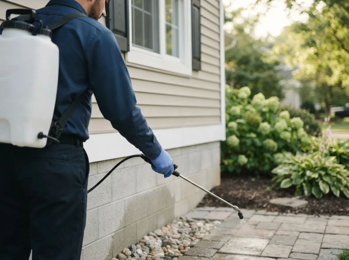 Pest control technician inspecting a home in Briggs, TX